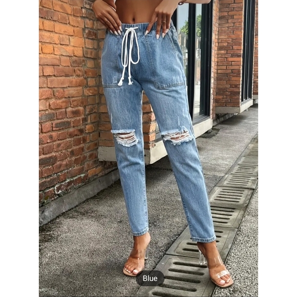 Denim - NWT Women's Light Blue Distressed Drawstring Denim Jeans